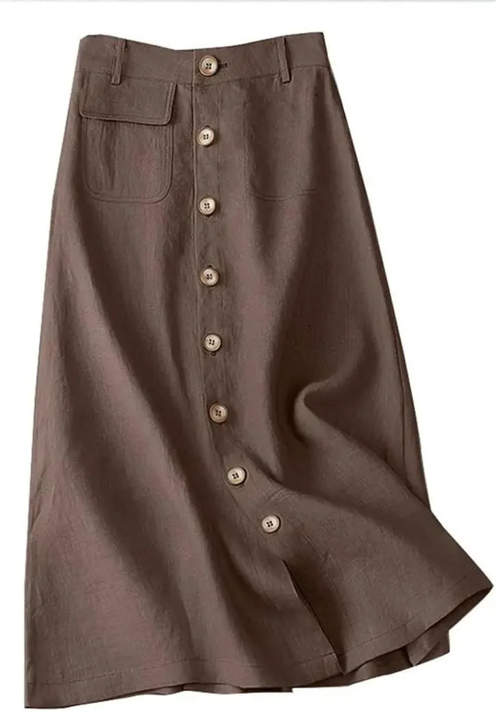 Women High Waist Cotton Midi Skirts Casual Button Up A-Line Skirts