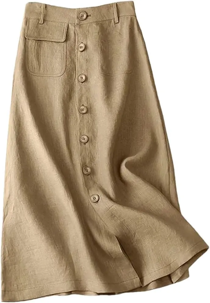 Women High Waist Cotton Midi Skirts Casual Button Up A-Line Skirts