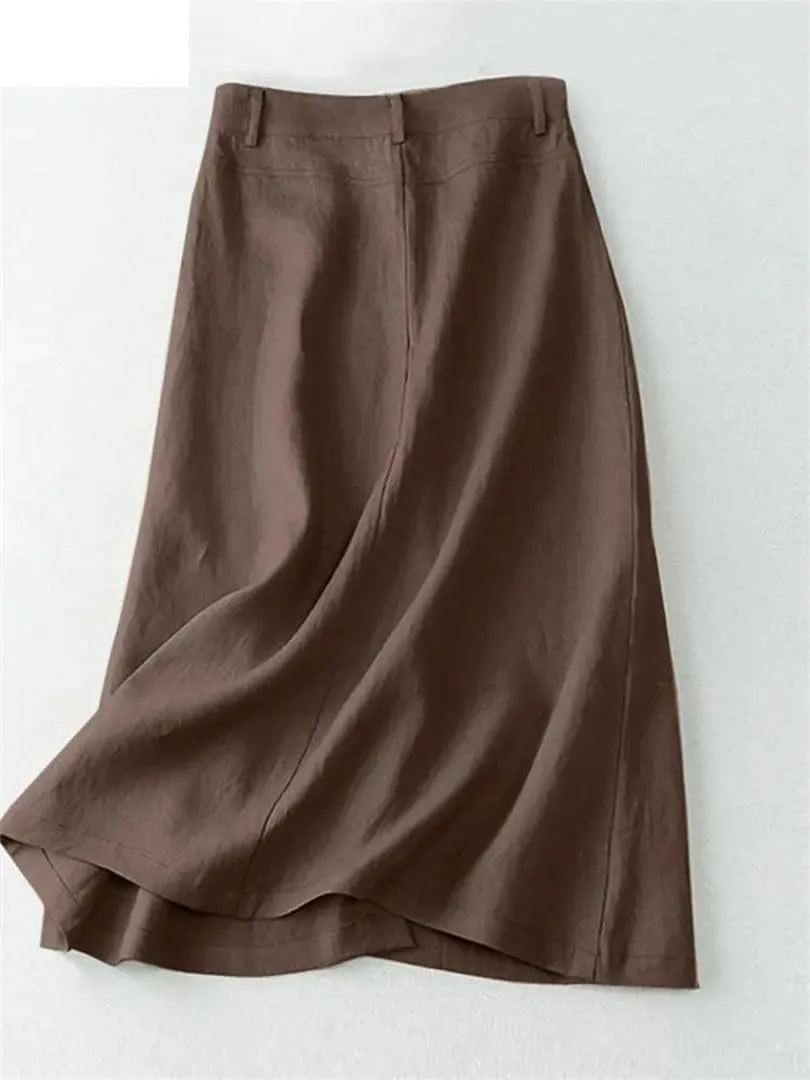 Women High Waist Cotton Midi Skirts Casual Button Up A-Line Skirts