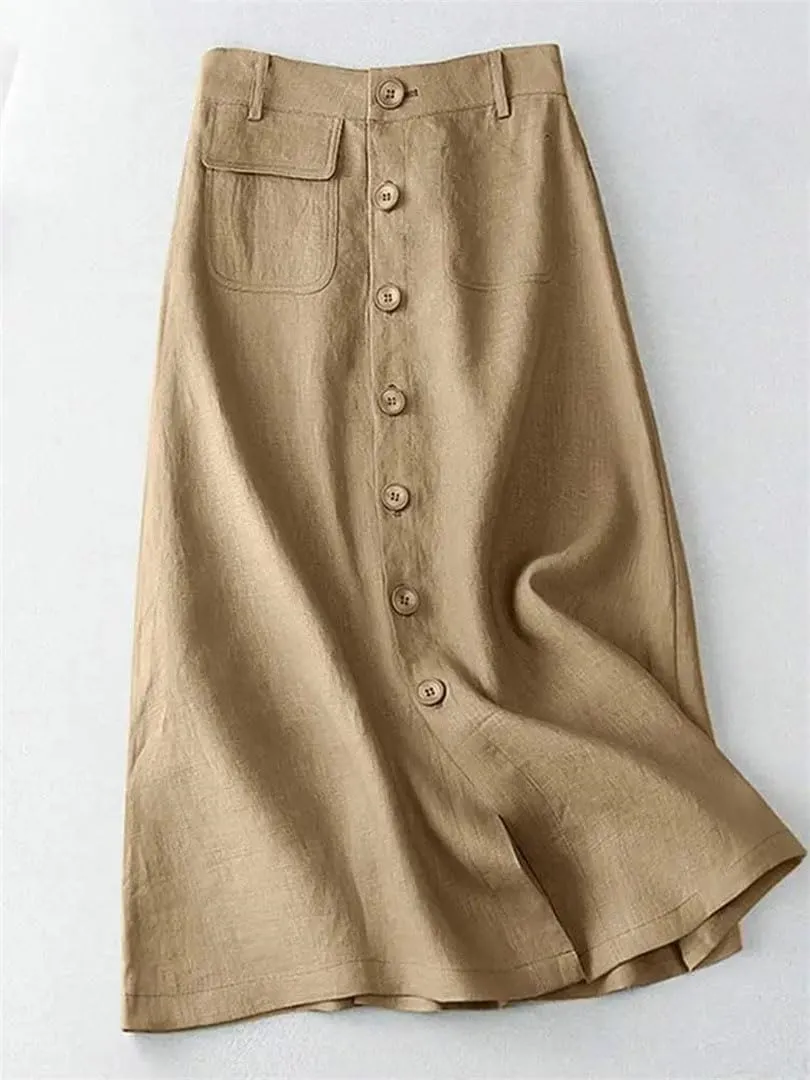 Women High Waist Cotton Midi Skirts Casual Button Up A-Line Skirts