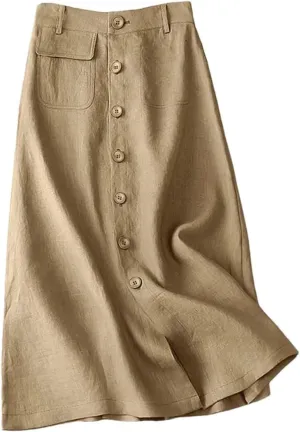 Women High Waist Cotton Midi Skirts Casual Button Up A-Line Skirts