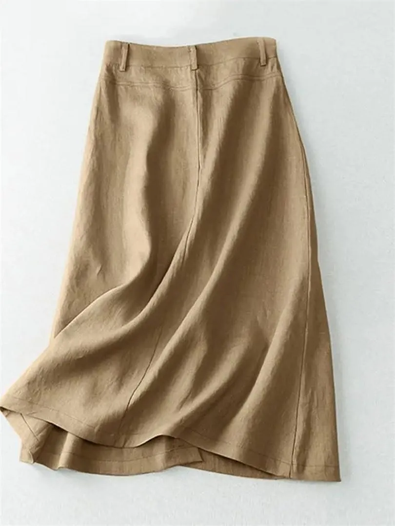 Women High Waist Cotton Midi Skirts Casual Button Up A-Line Skirts