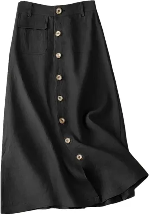 Women High Waist Cotton Midi Skirts Casual Button Up A-Line Skirts