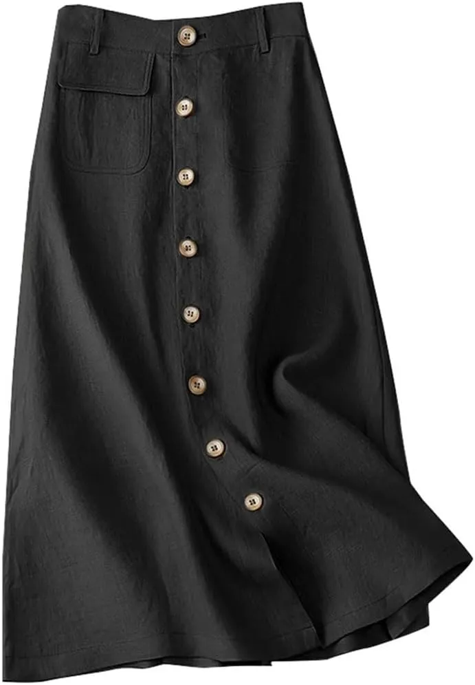 Women High Waist Cotton Midi Skirts Casual Button Up A-Line Skirts