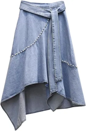 Women Irregular Lace-Up Beaded Denim Skirt Loose Casual A-Line Skirts