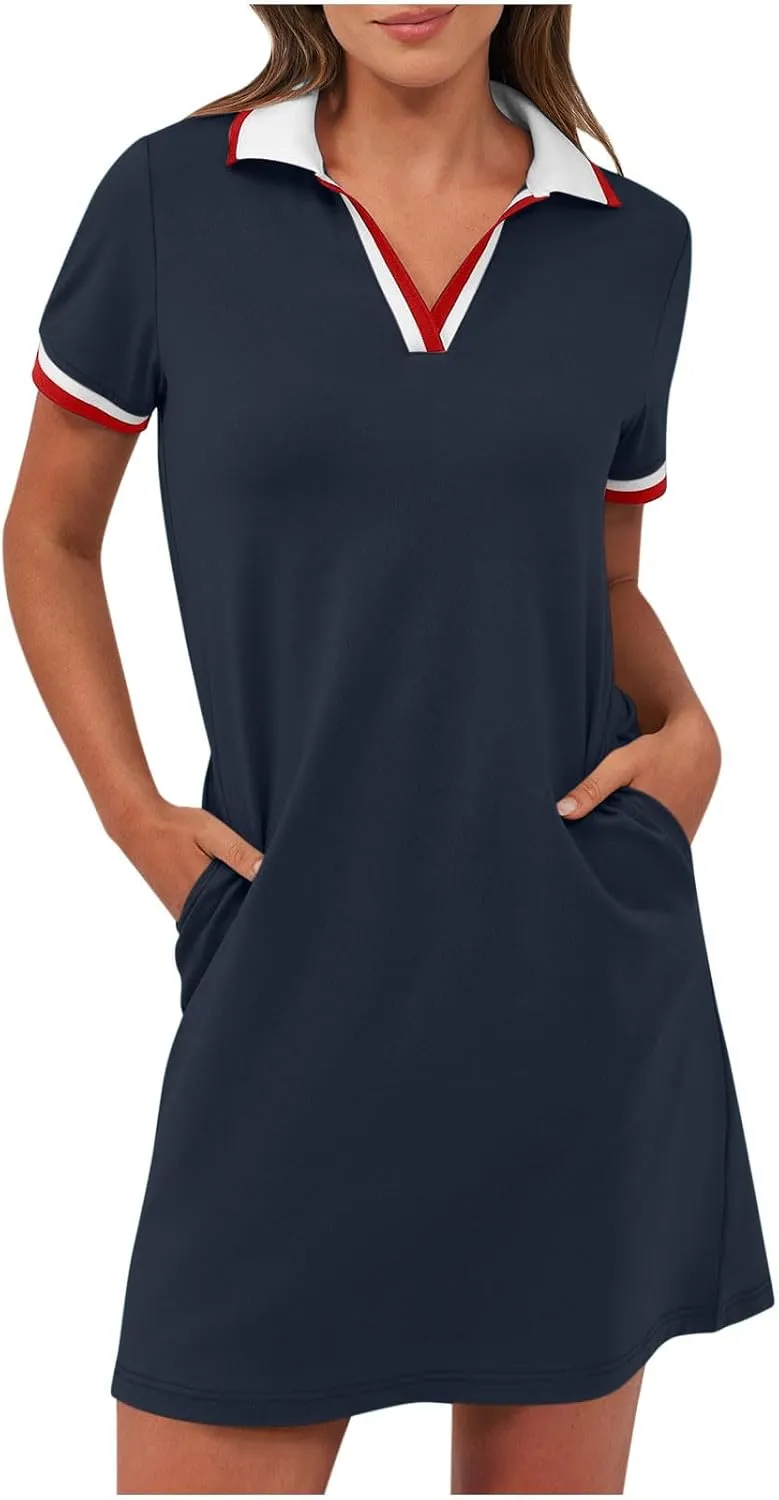 Women Lapel Short Sleeve Dresses 2025 Summer Casual Athletic Dress with Pocket, Ladies Golf Dress T-Shirt Dresses