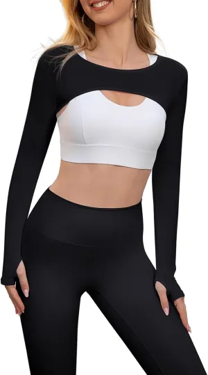 Women Long Sleeve Crop Top Bolero Thumbhole Workout Cropped Shirts Sports Shrug