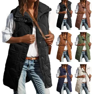 Women Long Vest Zip Up Puffer Jacket Casual Sleeveless Down Coat Stand Collar Long Jacket Puffy Vest with Pockets