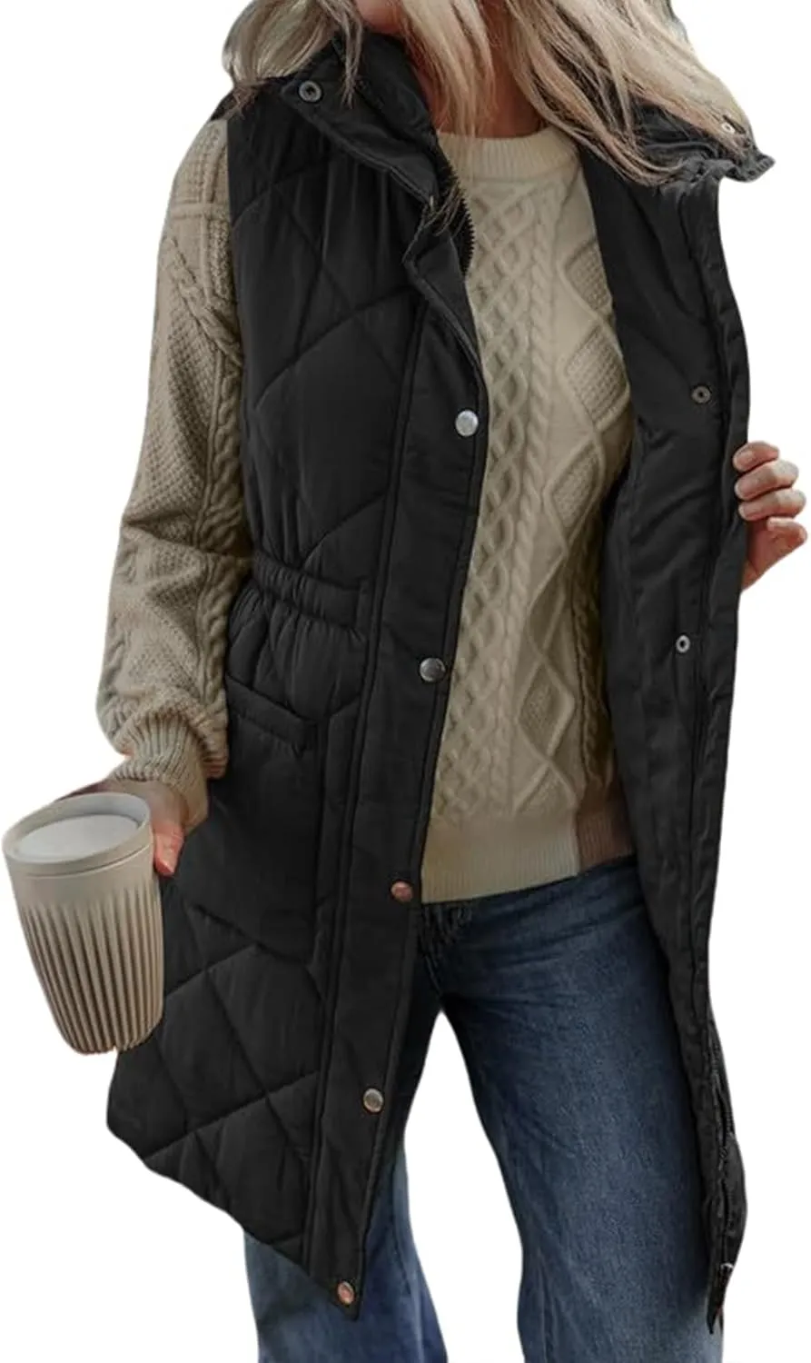 Women Long Vest Zip Up Puffer Jacket Casual Sleeveless Down Coat Stand Collar Long Jacket Puffy Vest with Pockets