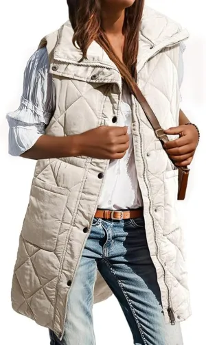Women Long Vest Zip Up Puffer Jacket Casual Sleeveless Down Coat Stand Collar Long Jacket Puffy Vest with Pockets