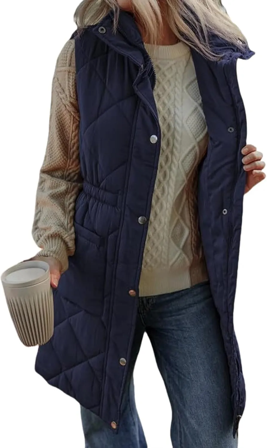 Women Long Vest Zip Up Puffer Jacket Casual Sleeveless Down Coat Stand Collar Long Jacket Puffy Vest with Pockets