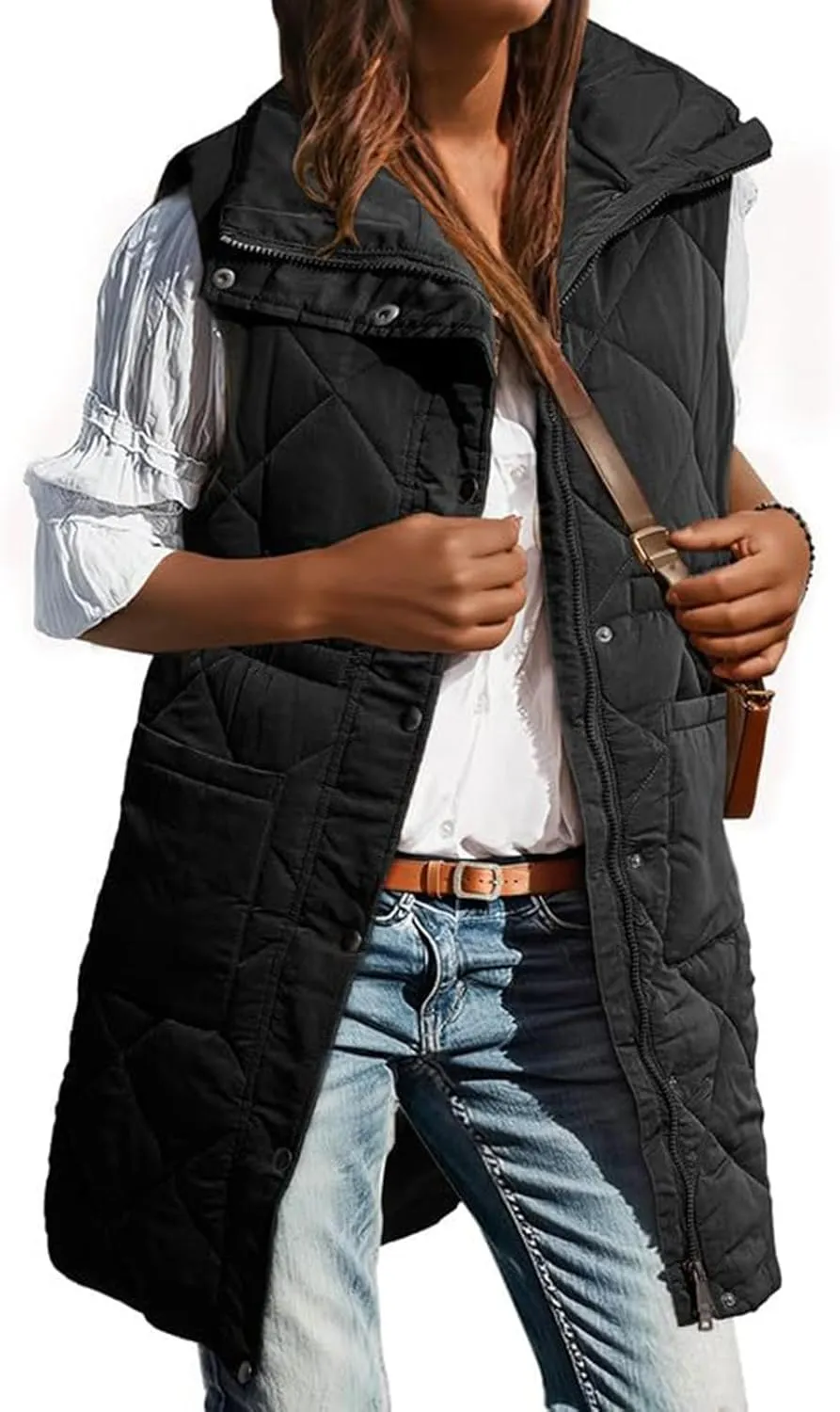 Women Long Vest Zip Up Puffer Jacket Casual Sleeveless Down Coat Stand Collar Long Jacket Puffy Vest with Pockets
