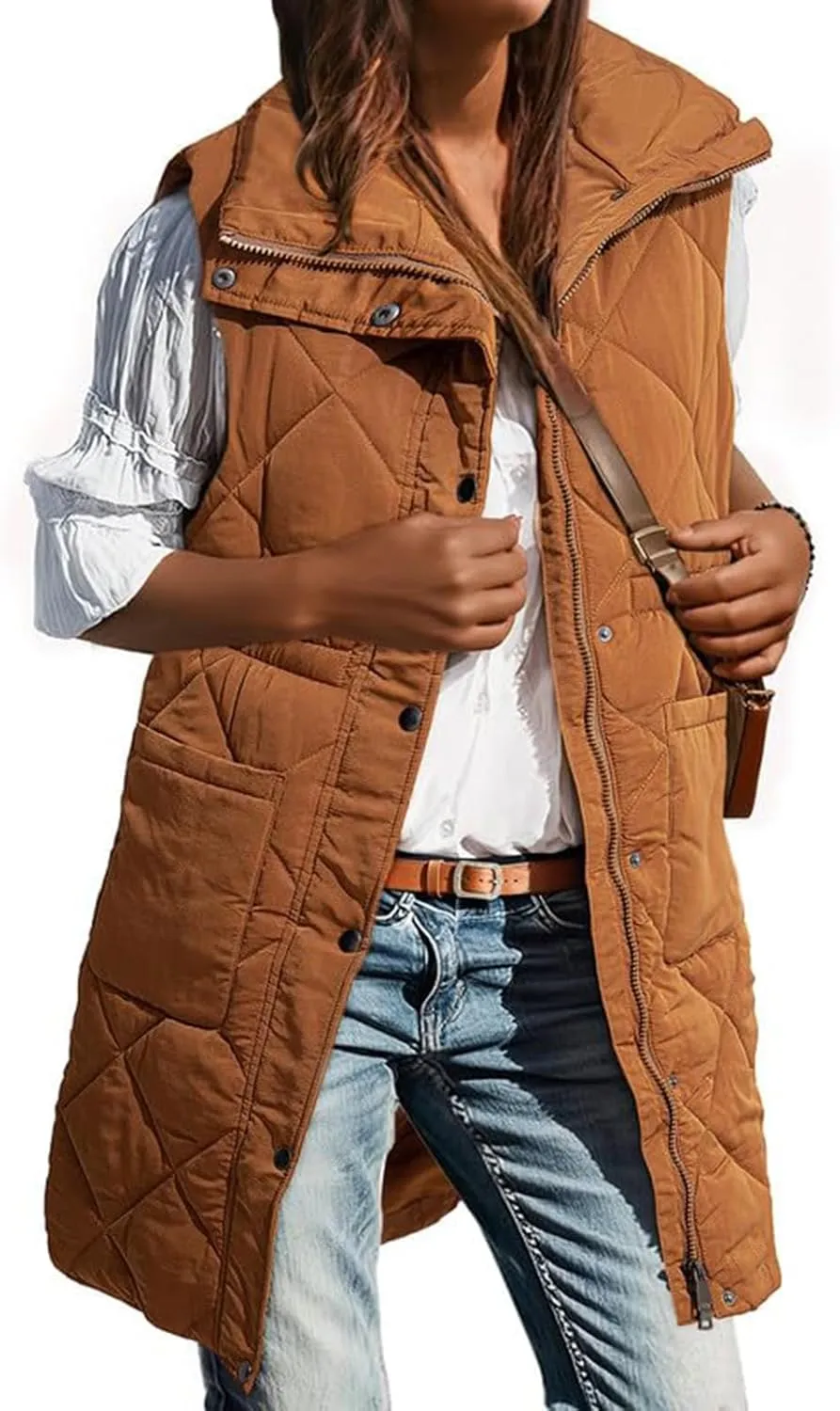Women Long Vest Zip Up Puffer Jacket Casual Sleeveless Down Coat Stand Collar Long Jacket Puffy Vest with Pockets