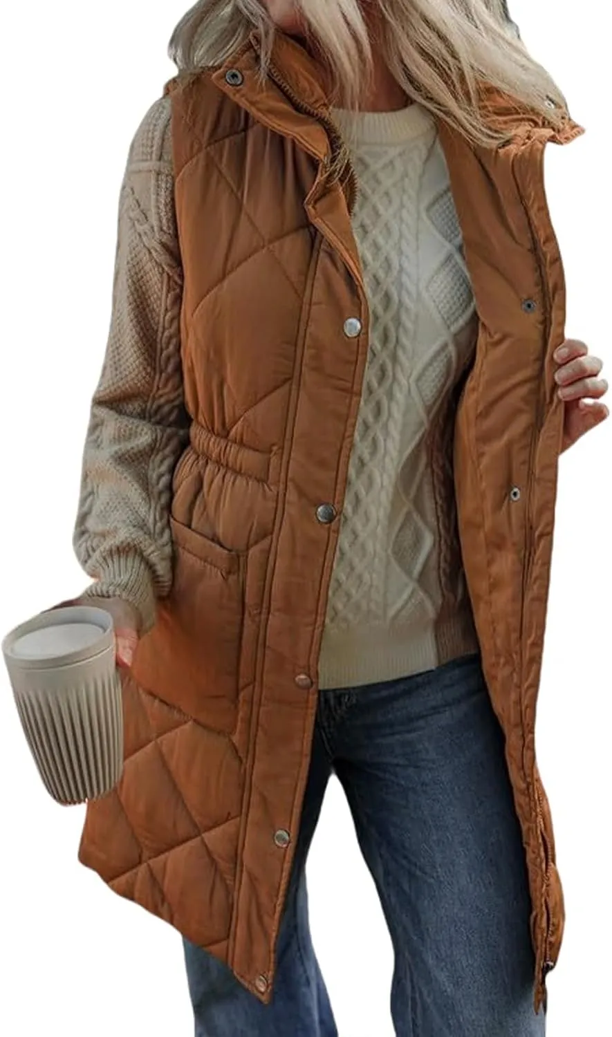 Women Long Vest Zip Up Puffer Jacket Casual Sleeveless Down Coat Stand Collar Long Jacket Puffy Vest with Pockets