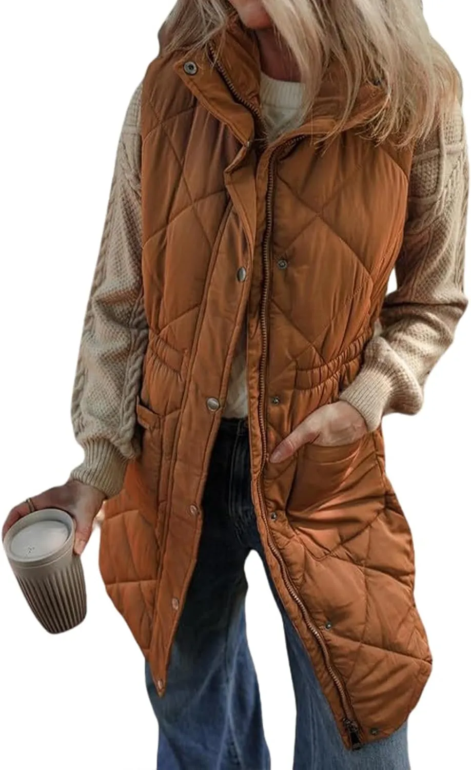 Women Long Vest Zip Up Puffer Jacket Casual Sleeveless Down Coat Stand Collar Long Jacket Puffy Vest with Pockets