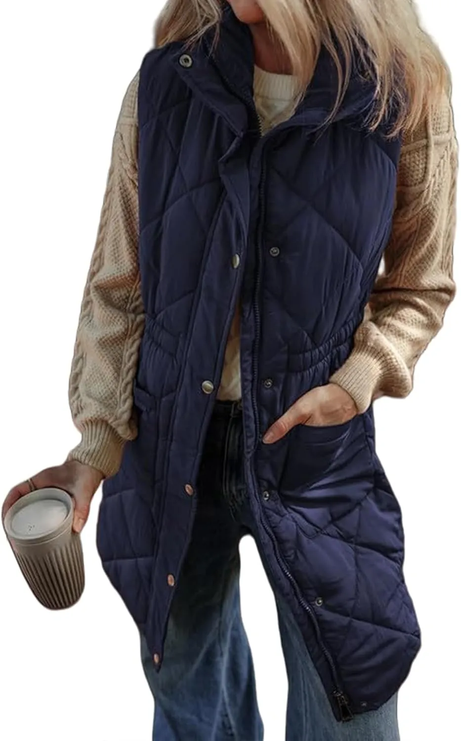 Women Long Vest Zip Up Puffer Jacket Casual Sleeveless Down Coat Stand Collar Long Jacket Puffy Vest with Pockets