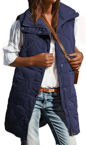 Women Long Vest Zip Up Puffer Jacket Casual Sleeveless Down Coat Stand Collar Long Jacket Puffy Vest with Pockets