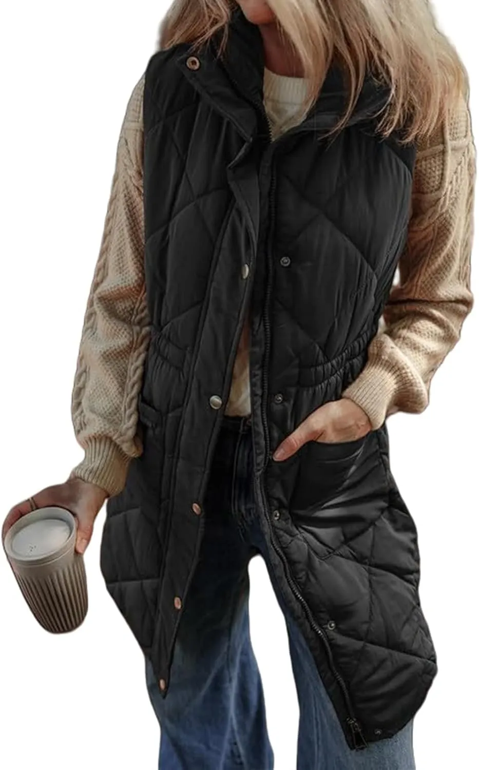 Women Long Vest Zip Up Puffer Jacket Casual Sleeveless Down Coat Stand Collar Long Jacket Puffy Vest with Pockets