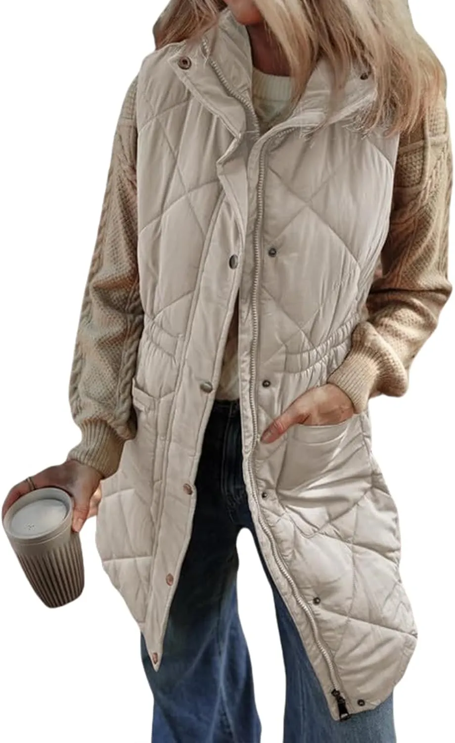 Women Long Vest Zip Up Puffer Jacket Casual Sleeveless Down Coat Stand Collar Long Jacket Puffy Vest with Pockets