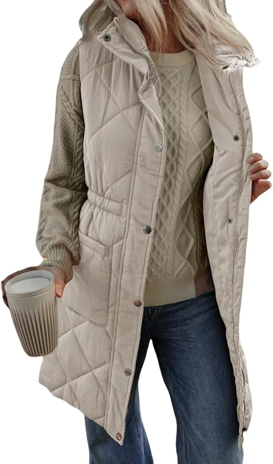 Women Long Vest Zip Up Puffer Jacket Casual Sleeveless Down Coat Stand Collar Long Jacket Puffy Vest with Pockets