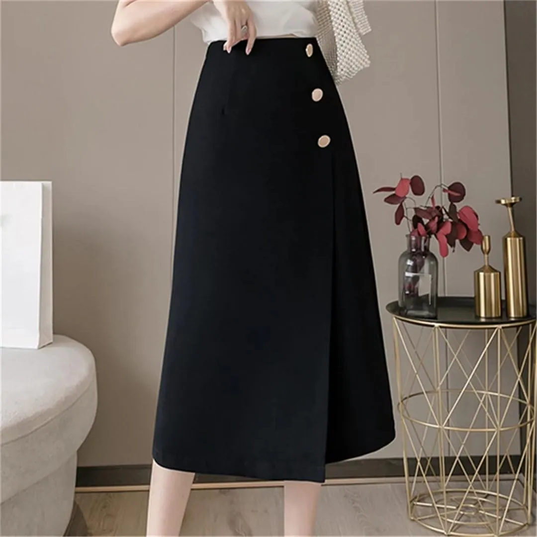 Women Office Elegant Solid Color High Waist Buttons Casual A-Line Skirts