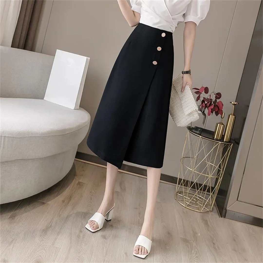 Women Office Elegant Solid Color High Waist Buttons Casual A-Line Skirts