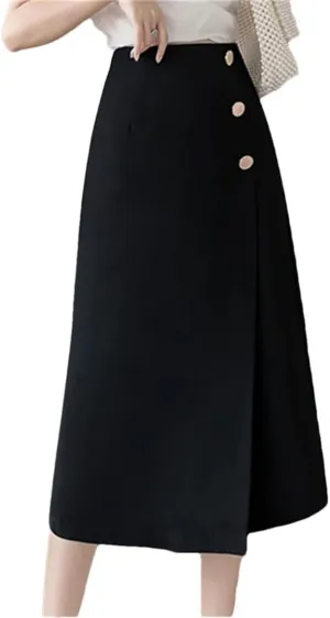 Women Office Elegant Solid Color High Waist Buttons Casual A-Line Skirts