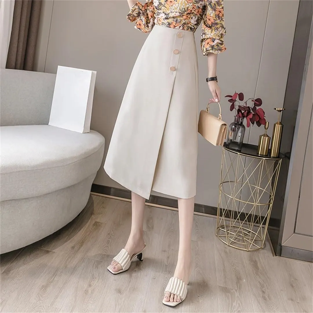 Women Office Elegant Solid Color High Waist Buttons Casual A-Line Skirts