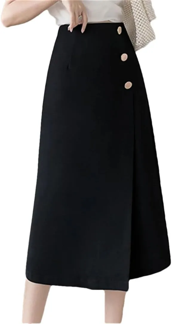 Women Office Elegant Solid Color High Waist Buttons Casual A-Line Skirts