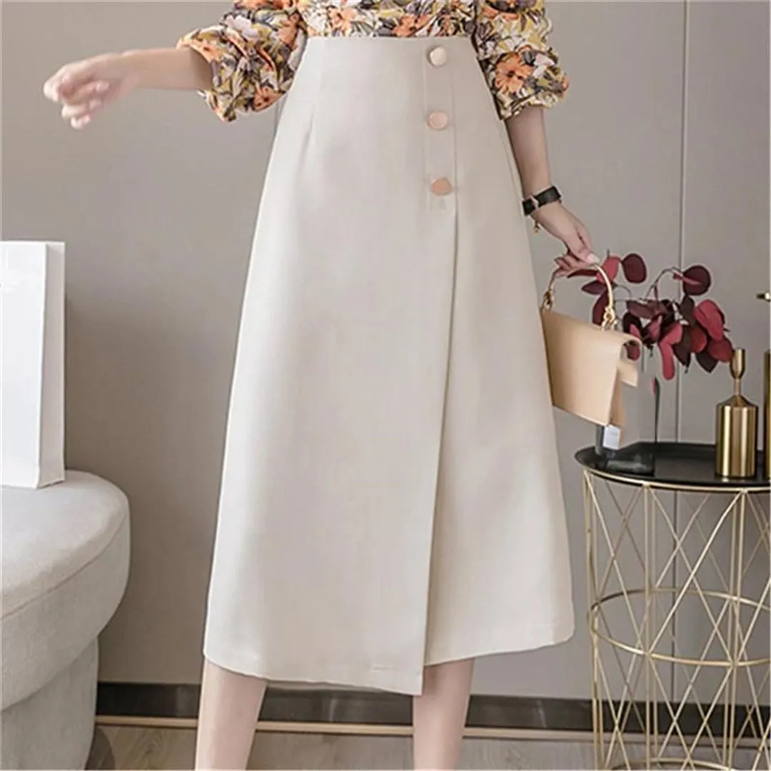 Women Office Elegant Solid Color High Waist Buttons Casual A-Line Skirts