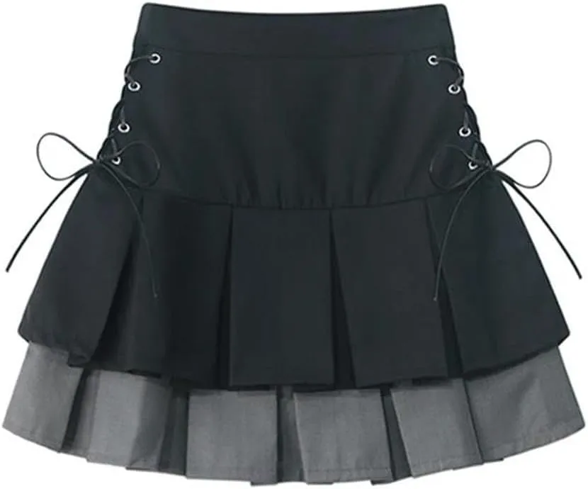Women Patchwork Casual Pleated Mini Skirt High Waist Slim Vintage A-Line Skirts