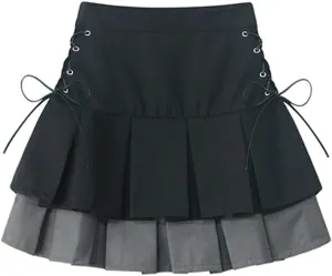 Women Patchwork Casual Pleated Mini Skirt High Waist Slim Vintage A-Line Skirts