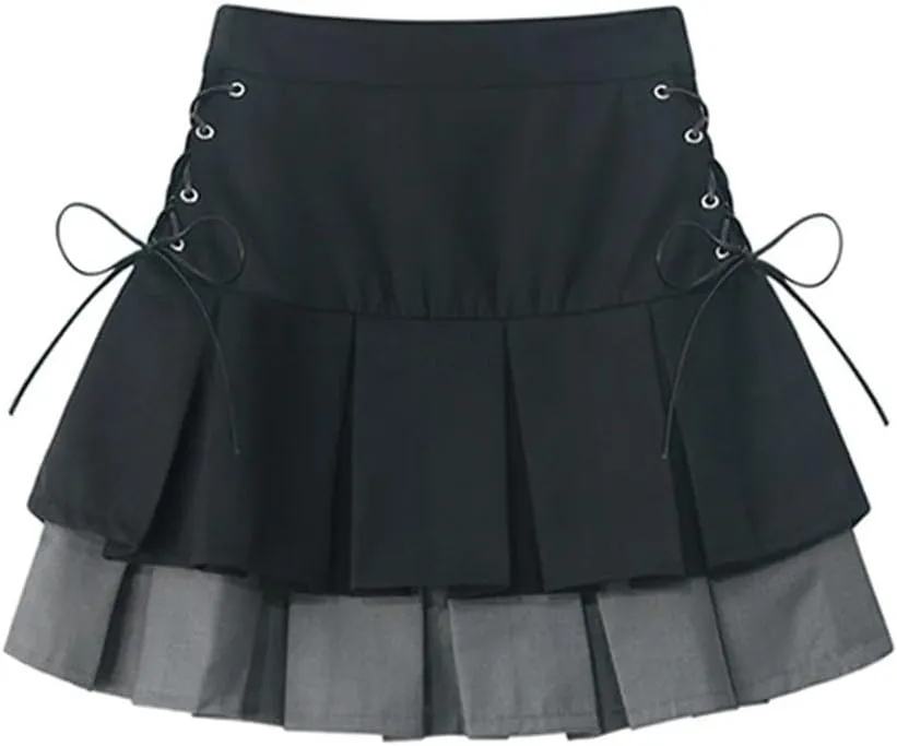 Women Patchwork Casual Pleated Mini Skirt High Waist Slim Vintage A-Line Skirts