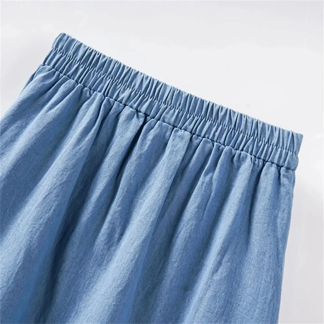 Women Patchwork Midi Denim Skirt High Waist Vintage A Line Skirts