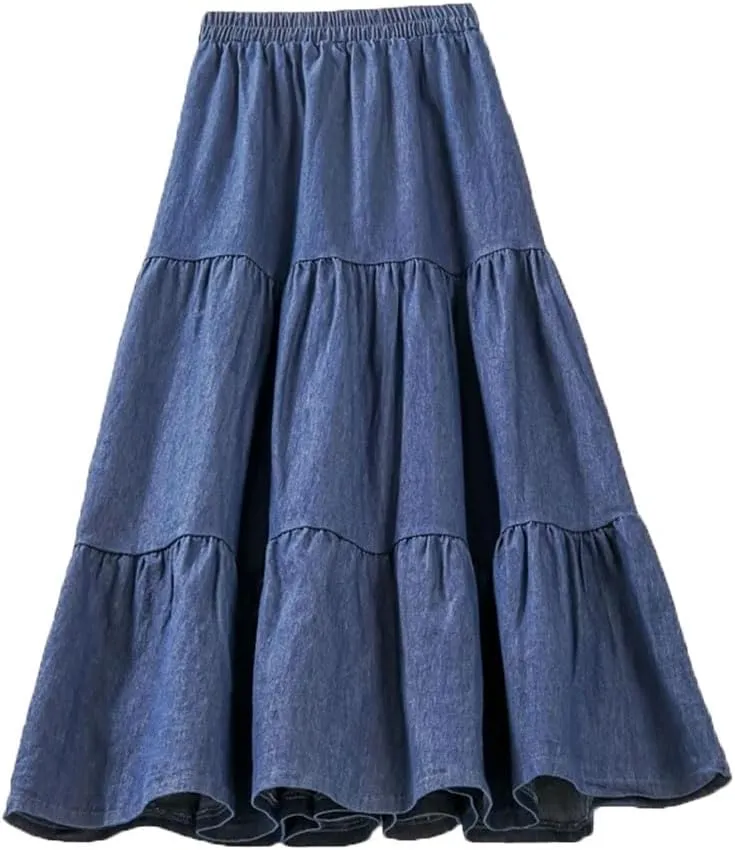 Women Patchwork Midi Denim Skirt High Waist Vintage A Line Skirts