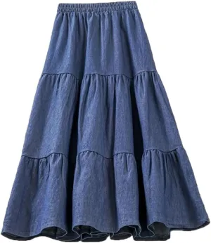 Women Patchwork Midi Denim Skirt High Waist Vintage A Line Skirts