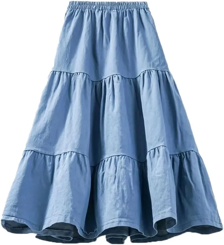 Women Patchwork Midi Denim Skirt High Waist Vintage A Line Skirts
