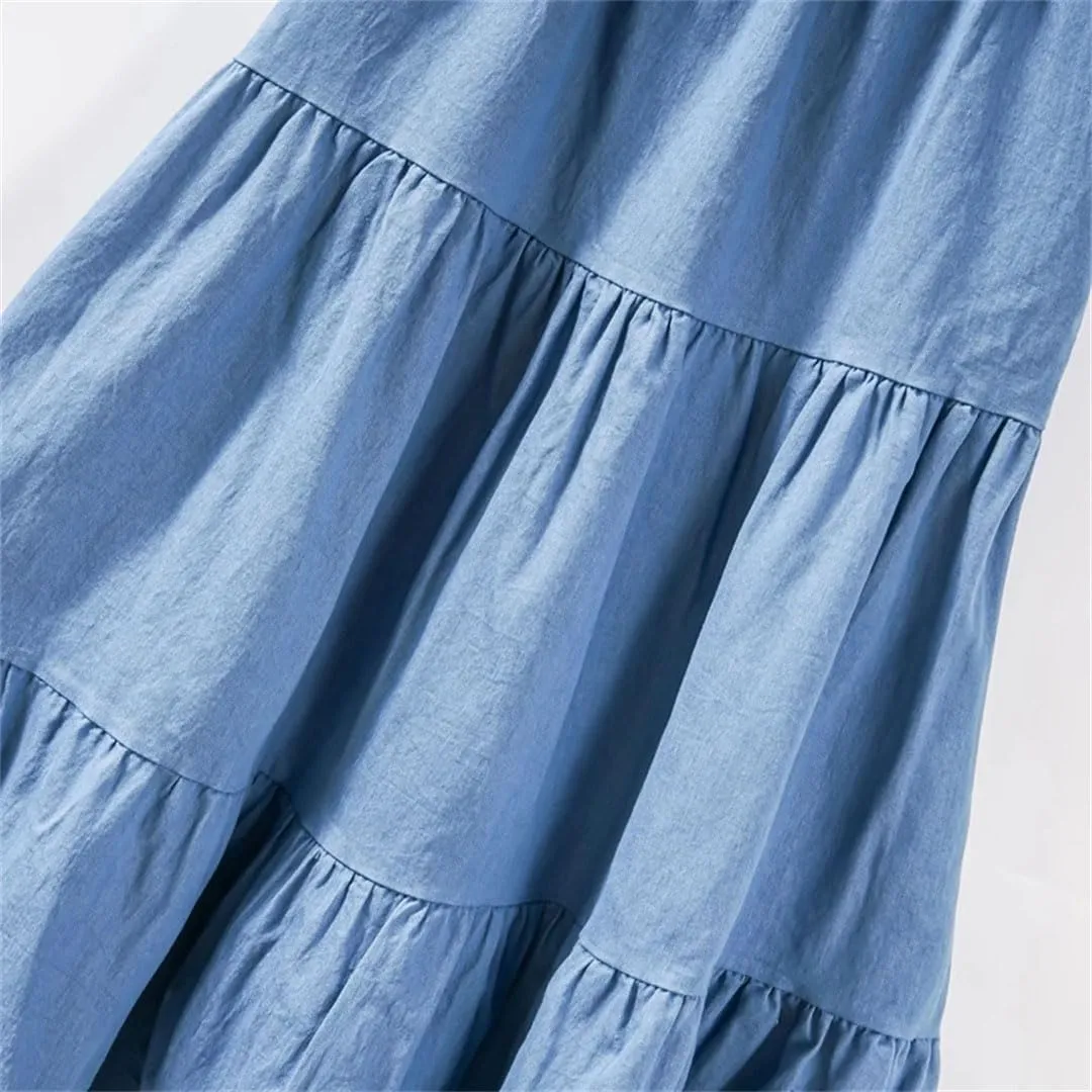 Women Patchwork Midi Denim Skirt High Waist Vintage A Line Skirts