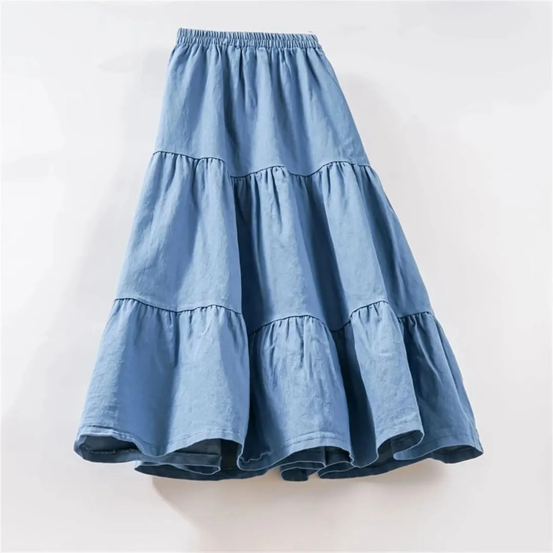 Women Patchwork Midi Denim Skirt High Waist Vintage A Line Skirts