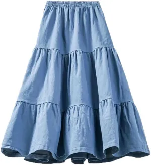 Women Patchwork Midi Denim Skirt High Waist Vintage A Line Skirts