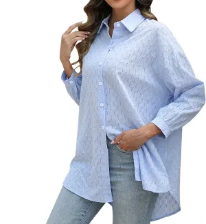 Women Plus Size Button Down Shirts Long Roll Up Sleeve V Neck Collared Casual Blouses Oversized Shirt Tops