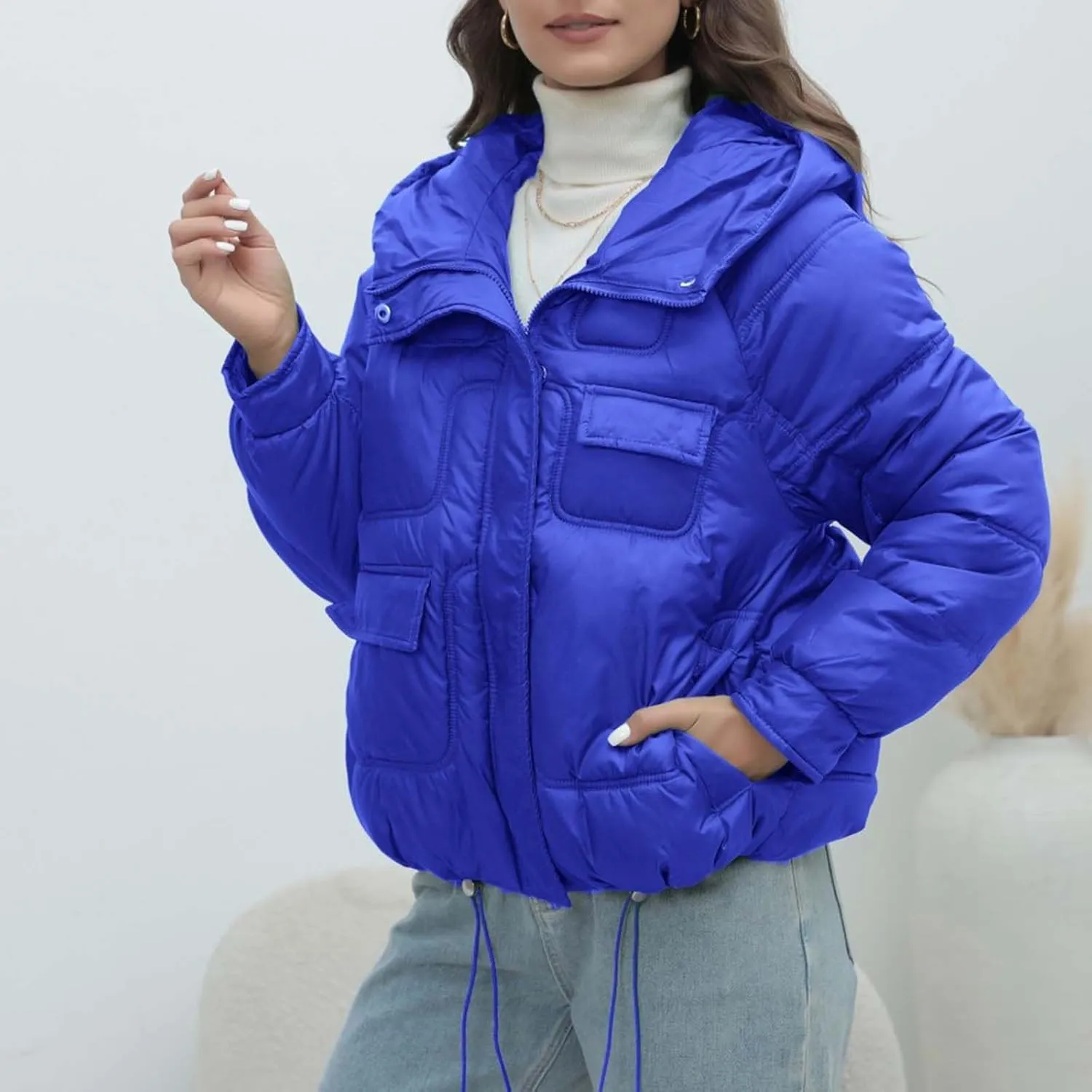 Women Quilted Dolman Puffer Jacket Long Sleeve Stand Collar Lightweight Warm Hoodies Short Padded Coat with Pockets