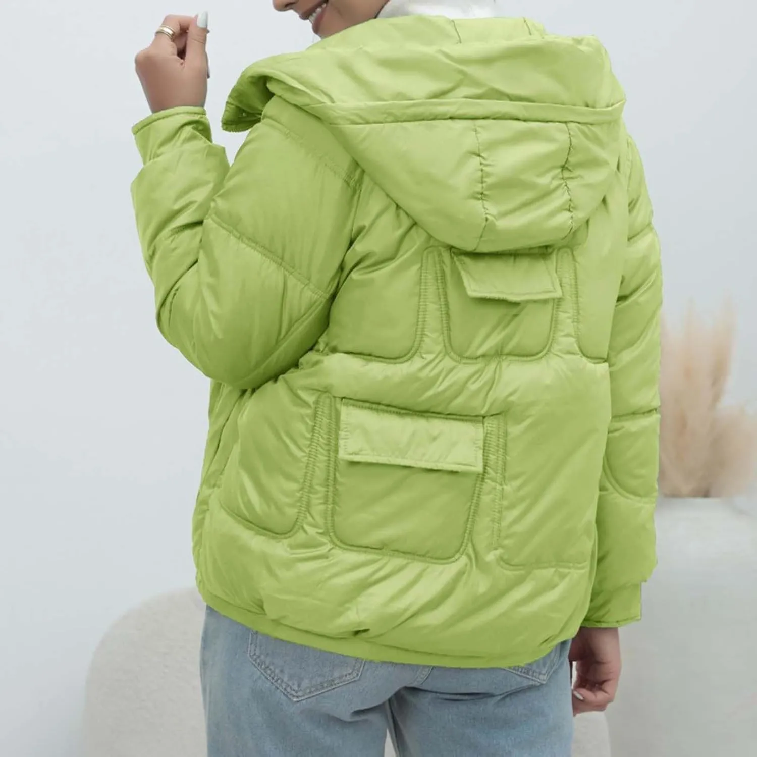 Women Quilted Dolman Puffer Jacket Long Sleeve Stand Collar Lightweight Warm Hoodies Short Padded Coat with Pockets