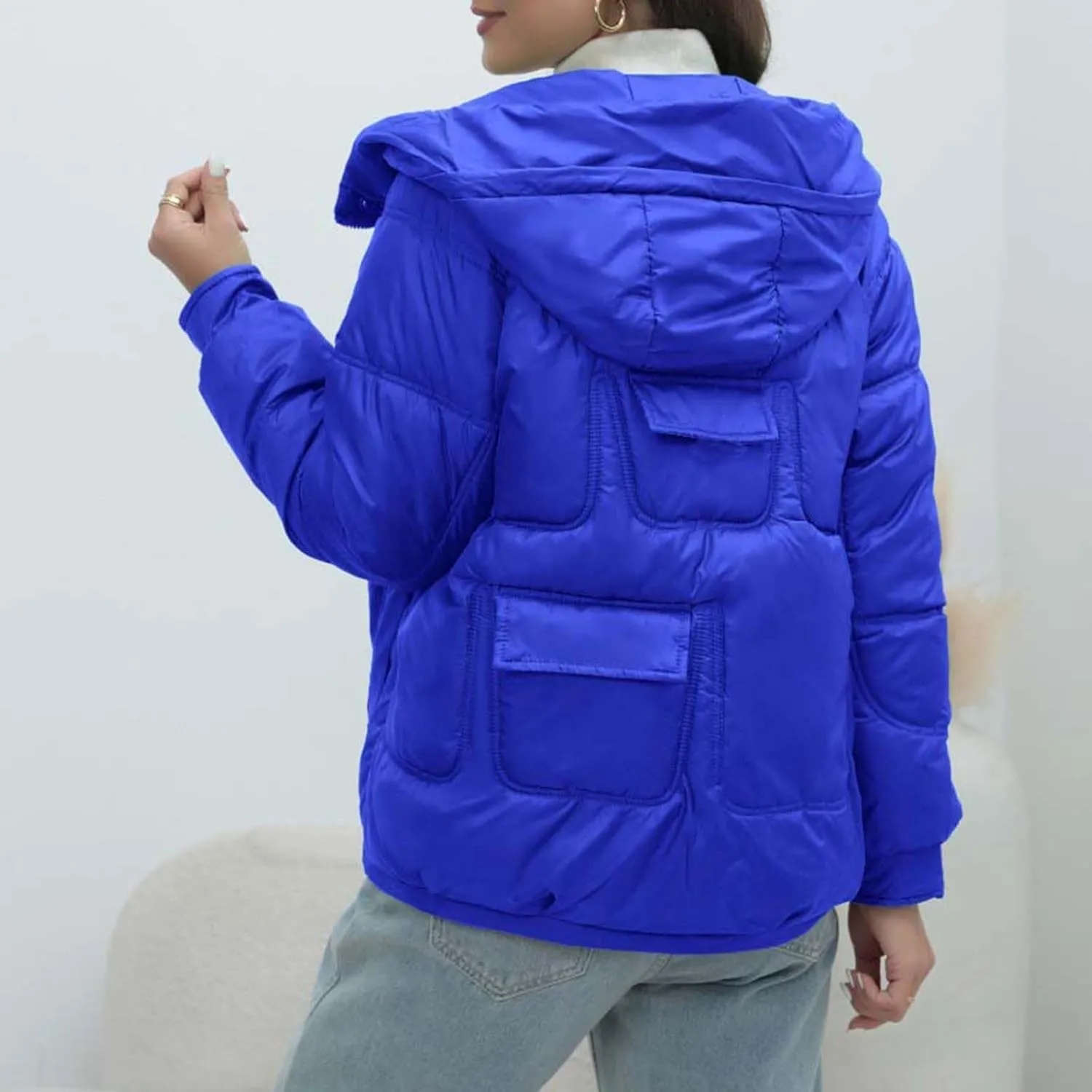 Women Quilted Dolman Puffer Jacket Long Sleeve Stand Collar Lightweight Warm Hoodies Short Padded Coat with Pockets