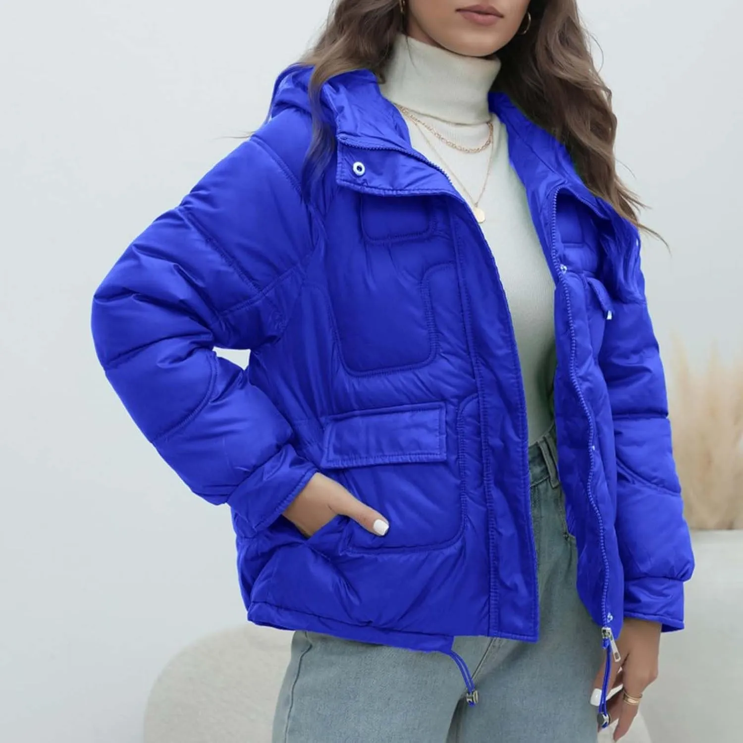 Women Quilted Dolman Puffer Jacket Long Sleeve Stand Collar Lightweight Warm Hoodies Short Padded Coat with Pockets