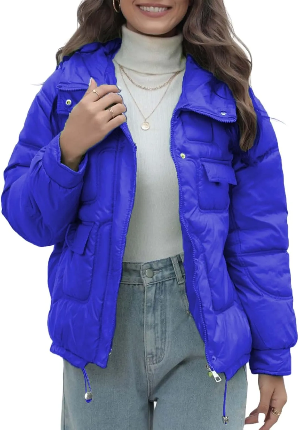 Women Quilted Dolman Puffer Jacket Long Sleeve Stand Collar Lightweight Warm Hoodies Short Padded Coat with Pockets