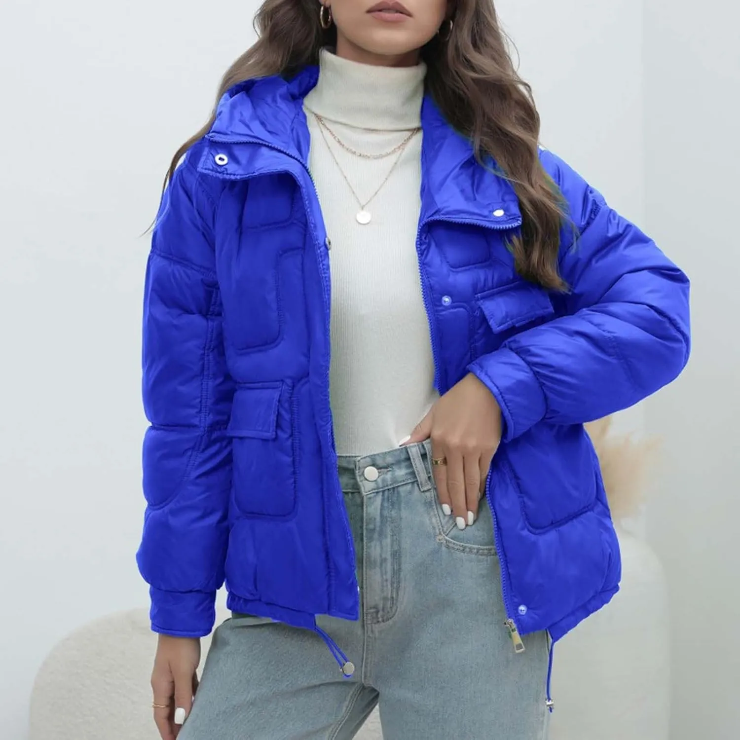 Women Quilted Dolman Puffer Jacket Long Sleeve Stand Collar Lightweight Warm Hoodies Short Padded Coat with Pockets