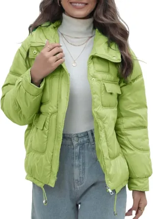 Women Quilted Dolman Puffer Jacket Long Sleeve Stand Collar Lightweight Warm Hoodies Short Padded Coat with Pockets