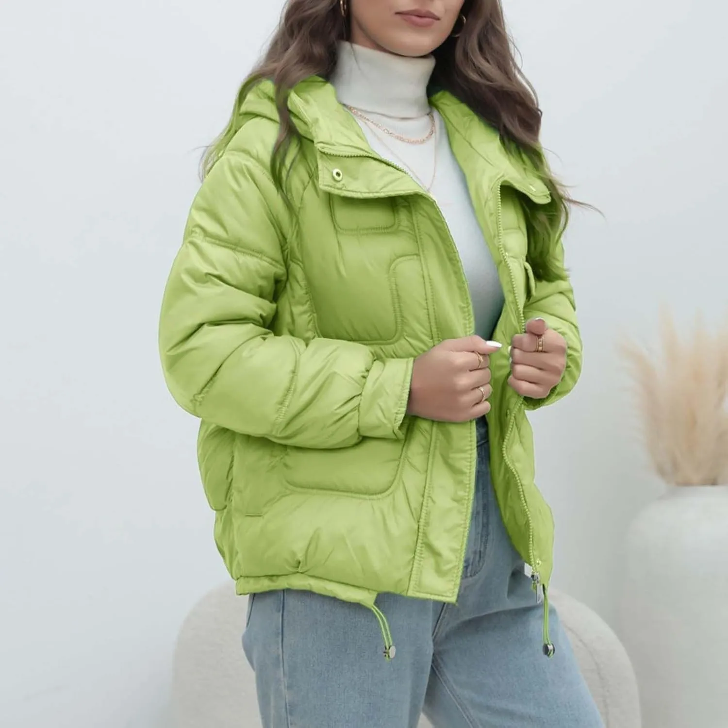 Women Quilted Dolman Puffer Jacket Long Sleeve Stand Collar Lightweight Warm Hoodies Short Padded Coat with Pockets