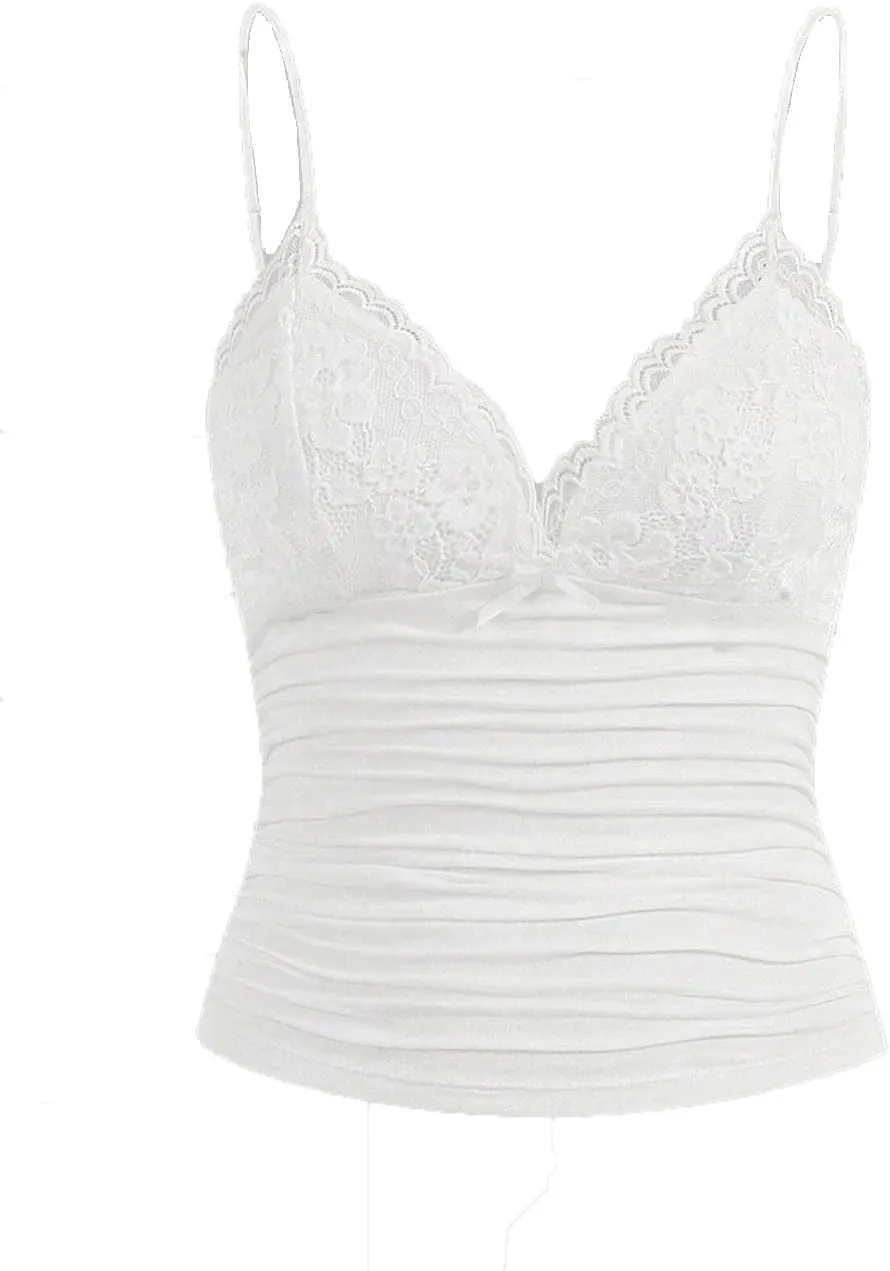Women Sexy Contrast Lace Bow Front Crop Cami Top Y2K Ruched Skinny Backless Tee Shirt